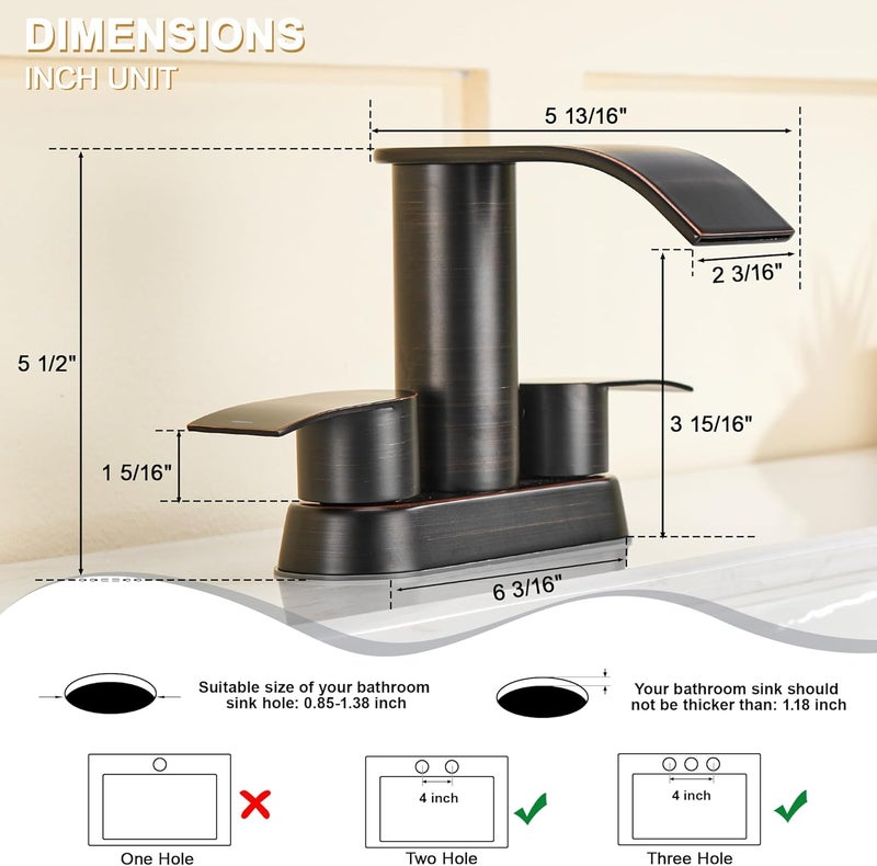 Ultimate Unicorn Bathroom Faucet for Sink Oil Rubbed Bronze, 4 Inch Bathroom Sink Faucet for 3 or 2 Holes, 2 Handle Waterfall Faucets with Pop up Drain, Patent No. : US D983,326 S - Image 3